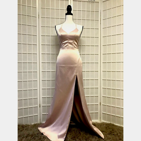 Sequin Hearts Satin Blush Lace Back Gown - Picture 1 of 4